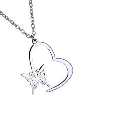 Imagem de Colar de amor com borboleta COMTRUDE e pingente de aço inoxidável de simplicidade moderna com artesanato vazado (prata)