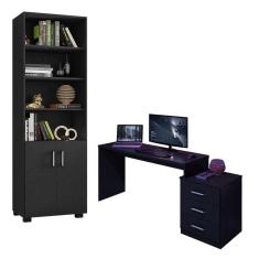 Imagem de Mesa Para Computador Gamer Drx 5000 E Livreiro Office Com Portas Pequenas Preto Trama - Móveis Leão