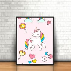 Imagem de Quadro Com Moldura Unicórnio Desenho Ilustrado Kids Rainbow