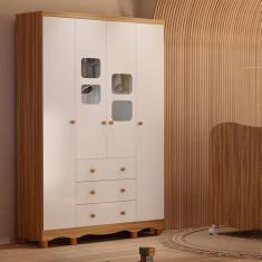 Imagem de Guarda-roupa Infantil 4 Portas com Janelas e 3 Gavetas 100% Mdf Mimo Espresso Móveis Branco Brilho/Amêndoa