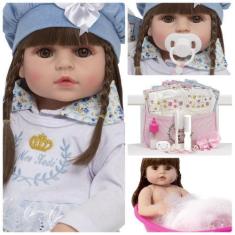 Imagem de Boneca Reborn Menina Olhos Castanhos Recem Nascida Fofinha - Cegonha R