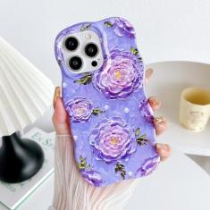 Imagem de XIZYO Capa para iPhone 15 Pro, pintura a óleo retrô colorida flor fofa floral estética encaracolado moldura ondulada híbrida protetora de 2 camadas capa dura TPU macio à prova de choque mulheres
