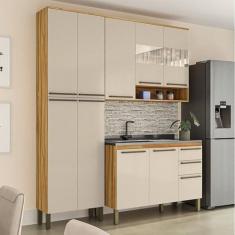 Imagem de Cozinha Compacta Modulada 3 Peças 10 Portas e 2 Gavetas com Vidro sem Tampo Itália Espresso Móveis Amêndoa/Off White