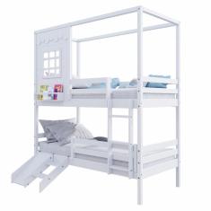 Imagem de Beliche Casinha Reta Com Grade Removível E Escorregador Madeira Maciça Branco Housin