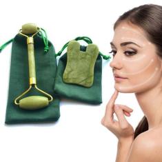Imagem de Rolo Massageador Facial Pedra Natural Jade + Placa Guasha U - WapShop