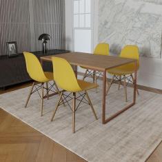 Imagem de Mesa Industrial Base Ferro Cobre Tampo 137X90 Amêndoa 4 Cadeiras Madeira Assento Amarelo Marrom