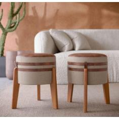 Imagem de Conjunto kit 2 Puff Banqueta Linho e Couro - Pix - Bege