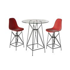 Imagem de Jogo Mesa Bistrô Eames Vidro 60Cm 2 Banquetas Vermelha Base Ferro Preto - Cor: Branco