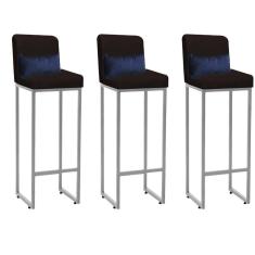 Imagem de Kit 03 Banqueta Alta com Encosto Lucca Industrial Cozinha Balcão Ferro Cinza Sintético Marrom e Almofada Azul Marinho - Ahazzo Móveis