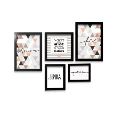 Imagem de Kit 5 Quadros Frases Mosaico Bege E  - Moldura E Vidro