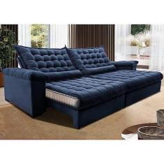 Imagem de Sofá Retrátil e Reclinável 2,35m Molas Ensacadas Cama Inbox Big Space com Bordado 3d Velusoft Azul