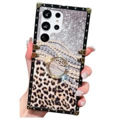 Imagem de Kwhapoo Linda capa quadrada compatível com Samsung Galaxy S23 Ultra de 6,8 polegadas, suporte de diamante brilhante leopardo Bing glitter, capas de silicone macio à prova de choque para mulheres