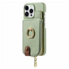Imagem de Carteira de couro com zíper com porta-cartão capa de telefone para iPhone 13 12 Mini 15 14 11 Pro Max XS XR X 7 8 Plus Ring Kickstand Cover, verde, para iPhone 13