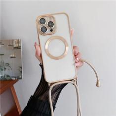 Imagem de Chapeamento claro magnético sem fio casos de carregamento para iphone 15 14 11 12 13 pro max crossbody cordão colar capa, ouro, para iphone 15 promax