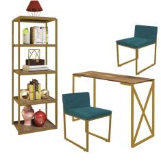 Imagem de Kit Escritório Bex 2 Cadeiras Suede Azul Turquesa com 1 Mesa e 1 Livreiro Ferro Dourado MDF Imbuia - Ahazzo Móveis