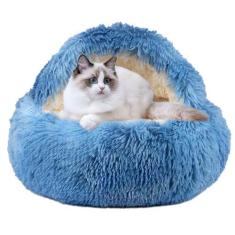 Imagem de Cama de caverna calmante para cães e gatos com capa com capuz, camas redondas laváveis para animais de estimação pequenos e médios, cama de pelo sintético antiderrapante, cama confortável para animais