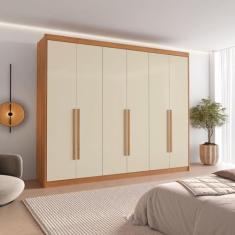 Imagem de Guarda Roupa Casal 6 Portas com Puxador de Madeiras 8 Gavetas Cinamomo/Off White