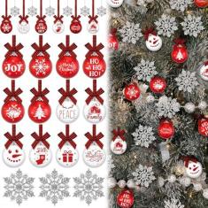 Imagem de HyDren 24 peças de enfeites de árvore de Natal para pendurar lâmpadas inquebráveis com arcos xadrez de búfalo e enfeites de floco de neve rústico fazenda alegria árvore de Natal decoração para árvore