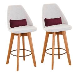 Imagem de Kit 02 Banquetas Alta Maya Giratória Com Encosto Linho Bege Claro e Almofada Sintético Bordô - Aurora Line