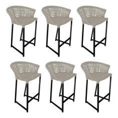 Imagem de Kit 6 Banquetas Reis Em Corda Náutica E Base Em Alumínio Preta Para área Gourmet Externa Areia Bege