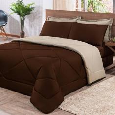 Imagem de Kit Edredom + Jogo De Lençol Aconchego Look House Dupla Face Casal King 06 Peças - Marrom E Caqui