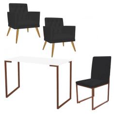 Imagem de Kit Escritório Stan 2 Poltronas Maria com Cadeira e Mesa Industrial Branco Bronze Tecido Sintético Preto - Ahz Móveis