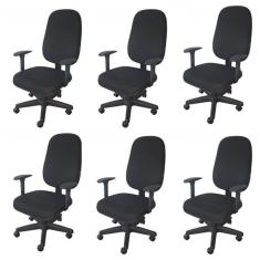 Imagem de Kit 6 Unidades Cadeira Escritório Secretária Giratória com Braço Regulável em Couro Preto