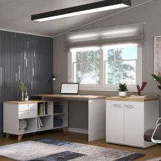 Imagem de Conjunto Escritório Completo Escrivaninha em L Gold com Balcão Baixo Toq Artany Olmo/Branco