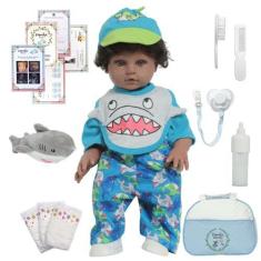 Imagem de Boneco Reborn Masculino Negro 46cm Enxoval Tubarão Completo - Cegonha 