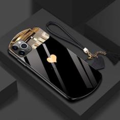 Imagem de Capa de telefone de vidro temperado oval fofa e luxuosa em forma de coração para iPhone 15 14 13 12 11 Pro Max XS X SE 8 7 Plus Capa de cordão espelhada, preta, para iPhone 15