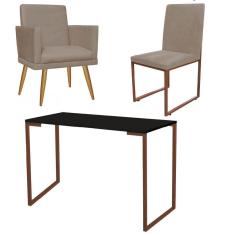 Imagem de Kit Escritório Stan Poltrona Rodapé com Cadeira e Mesa Industrial Preto Bronze Tecido Sintético Bege - Ahz Móveis