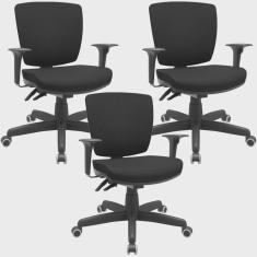 Imagem de Kit 03 Cadeiras Escritório Executiva Office Giratória Preto Baixa Flexi P03 Poliéster Preto - Lyam