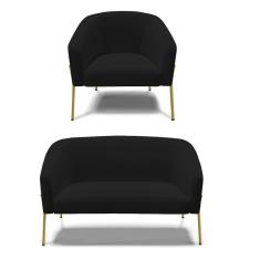 Imagem de Sofá Namoradeira E Poltrona Pé De Ferro Dourado Stella Linho Preto A79 D03 - D'rossi