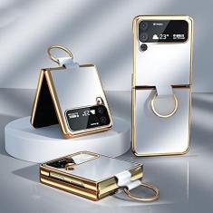 Imagem de Capa traseira protetora de tela dobrável para Samsung Z Flip 4 Flip 3 Capa de couro Capa para celular com fivela de anel de dedo, branca, para Galaxy Z Flip 4