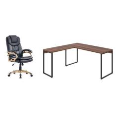 Imagem de conjunto de mesa kuadra nogal 150 cm com cadeira de escritório presidente giratória com relax clark preta e dourada