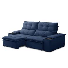 Imagem de Sofá Retrátil 3 Lugares com Porta Copo 210cm Malta F05 Veludo Azul - Mpozenato