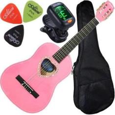 Imagem de Kit Violão Infantil/Juvenil Rosa + Capa Simples + Afinador + 3 Palheta