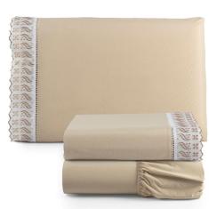 Imagem de Jogo de Lençol Solteiro 3 Peças Basic Percal 180 Fios Lese Bordado Inglês - Avelã