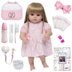 Imagem de Boneca Reborn Loira 100% Silicone Vestido Rosa + Kit Itens