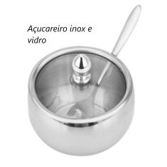 Imagem de Açucareiro de luxo aço inox com tampa de vidro e colher 9x9 cm