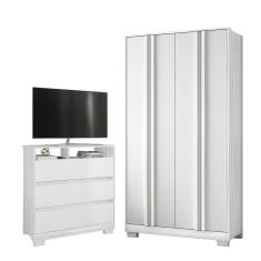 Imagem de Kit Guarda Roupa Ayla 4 Portas 2 Gavetas com Cômoda Stella 3 Gavetas I01 Branco Clique Chique