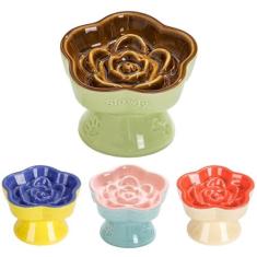 Imagem de S&Q's CERAMICS Tigela de alimentação lenta elevada para gatos, tigela elevada de cerâmica para comida de gato para cães pequenos, alimentador lento em forma de flor para alimentos secos e úmidos