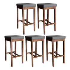 Imagem de Kit 5 Banquetas Média Estofada para Cozinha Bali Madeira Castanho Suede Cinza CCS