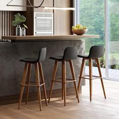 Imagem de KIT 3 BANQUETAS ALTAS LUXO LINEA AÇO COBRE LINHO PRETO BASE CARVALHO