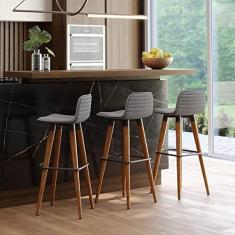 Imagem de KIT 3 BANQUETAS ALTAS LUXO LINEA AÇO PRETO LINHO CINZA BASE CARVALHO