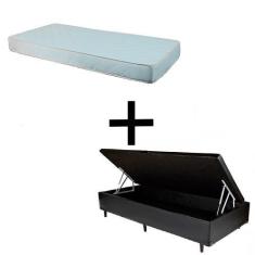 Imagem de Cama Box Baú Solteiro 88 - Tecido Sintético Preto com Colchão Munique Bello Box - 100% Espuma - D33 Branco 55x88x188