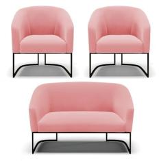 Imagem de Sofá Namoradeira e 2 Poltronas Base Industrial Preto Stella Suede Rosê D03 - D'Rossi
