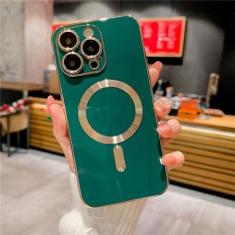 Imagem de Luxo quadrado chapeamento de ouro magnético caso de carga sem fio para iphone 14 plus 13 12 11 pro max capa macia à prova de choque, verde escuro, para iphone 12