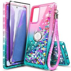 Imagem de NZND Capa para Samsung Galaxy A03S com protetor de tela de vidro temperado (cobertura máxima), suporte de anel/alça de pulso, cachoeira flutuante de líquido com glitter durável para meninas mulheres