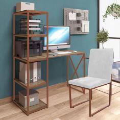 Imagem de Kit Escritório Mesa Max BeX 5 Prateleiras e Cadeira Stan Bronze Tampo Caramelo Corino Branco - Ahz Móveis